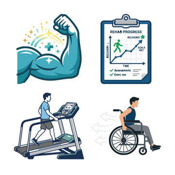 Healthcare Icone Set Set of medical rehabilitation icons showing physical therapy recovery progress and exercise isolated on white background, Vector
