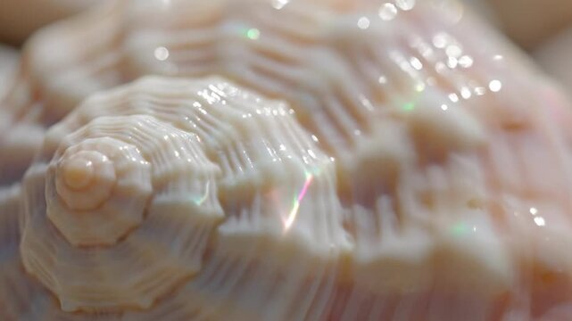 Water Pouring Over Conch Shell Surface with Glistening Droplets 4K Video
