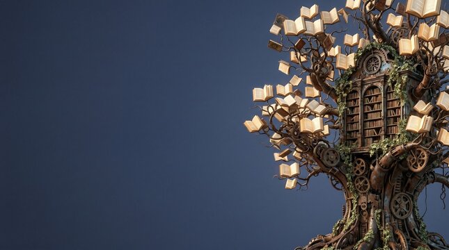 3D Surreal Metal Tree Library with Book Leaves Copy Space