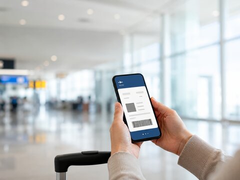 Uso de un tel&eacute;fono m&oacute;vil para mostrar una tarjeta de embarque en un aeropuerto