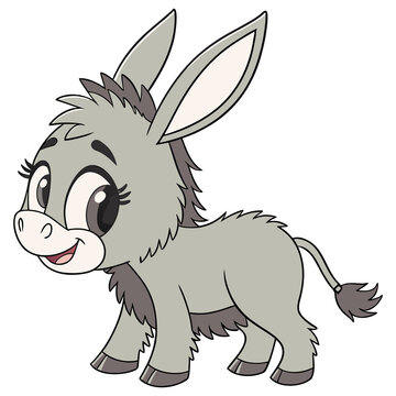 Cute cartoon baby donkey illustration with big eyes, adorable fluffy little grey jackass character isolated on white