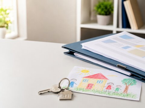 Llaves de una casa y dibujo de ni&ntilde;os sobre una mesa con documentos en una habitaci&oacute;n iluminada