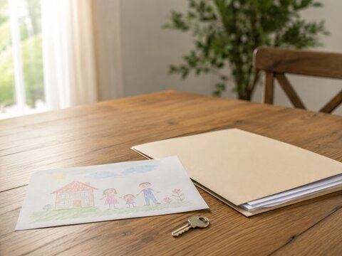Una mesa de madera con un dibujo y una carpeta en un ambiente interior