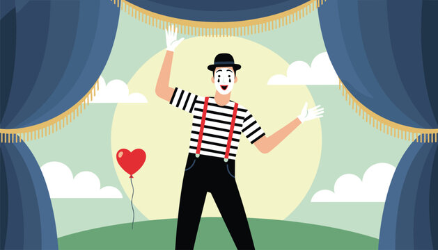 Professional mime artist wearing a striped shirt, suspenders, and white face paint performing on a theater stage.