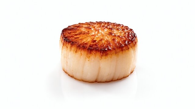 Single Perfect Seared Scallop Maillard Caramel Crust Macro Portrait White Background Studio Fine Dining Photography