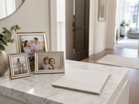 Un grupo de fotos familiares se encuentra en una mesa en un pasillo de una casa moderna