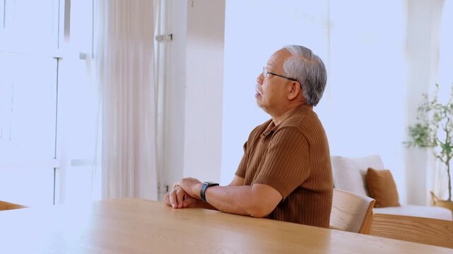 Senior man indoor by bright window seated near wooden table chair at home, thoughtful calm profile in brown shirt with daylight, plant, soft curtain, warm living room interior