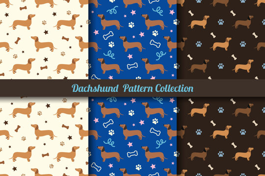 Set of Dachshund Dog seamless pattern background vector illustration. Dachshund Pattern Collection