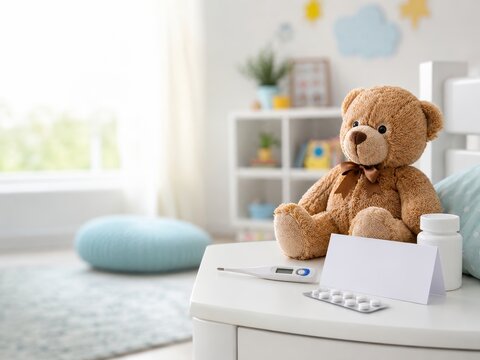 Osito de peluche en una habitaci&oacute;n con medicamentos y un term&oacute;metro en la mesa