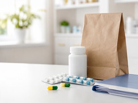 Un paquete de medicinas y una bolsa de papel en una mesa