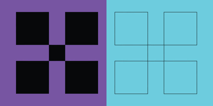 Four squares arranged in a grid with a small central square shown as solid black and thin outline on split backgrounds