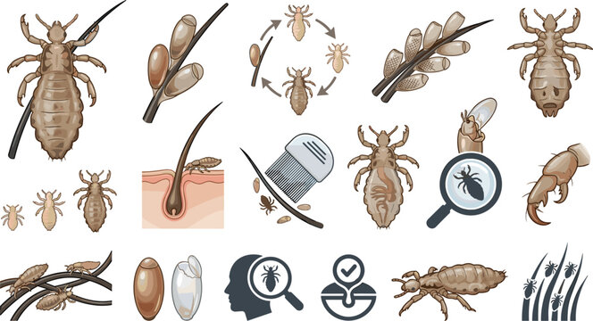 Head Lice Biology and Treatment Vector Set Featuring Parasite Insects Hair Nits Life Cycle Diagram Fine Combs and Medical Inspection Icons