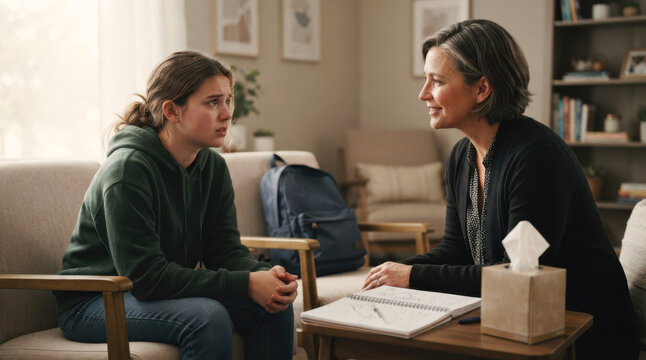 Worried teenager talking with a supportive adult in a school counseling room with notebook, tissue box, and backpack