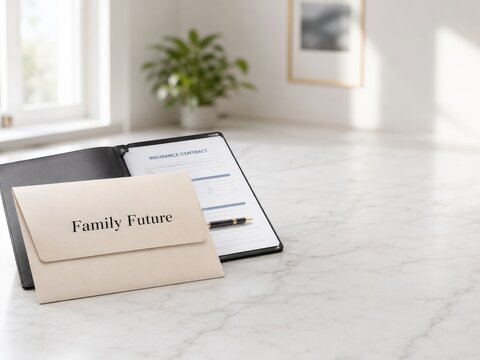 Planificaci&oacute;n financiera para el futuro familiar con un contrato de seguro en una mesa clara y organizada