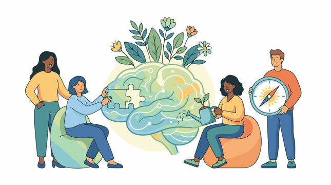 People nurture a growing brain with puzzle pieces and a compass