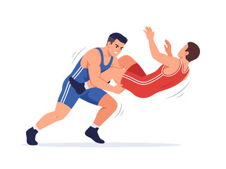 Obraz premium Two professional wrestlers competing in a dynamic match.