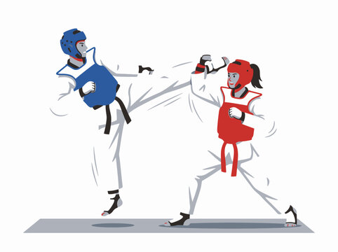 Two taekwondo athletes sparring in a competitive match.