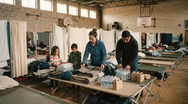 Temporary earthquake shelter inside a school gym, a displaced family sorting folded blankets, bottled water, and hygiene kits on a cot row, with cinderblock walls, hanging privacy curtains, and