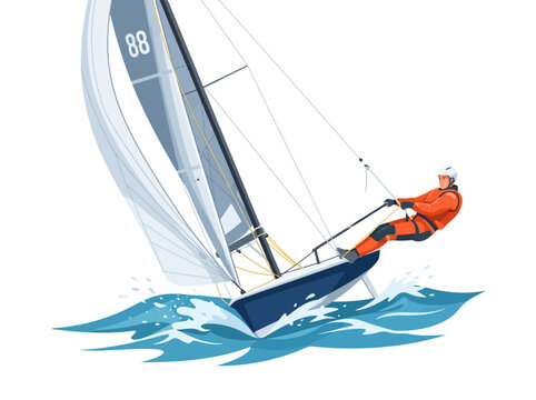 A competitive sailor leaning out from a high speed racing sailboat on the water.