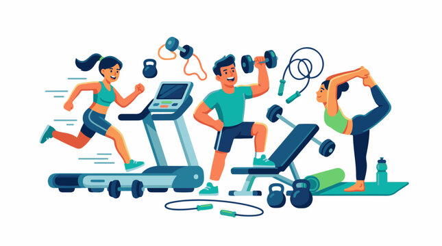 People exercising with fitness equipment on a white background