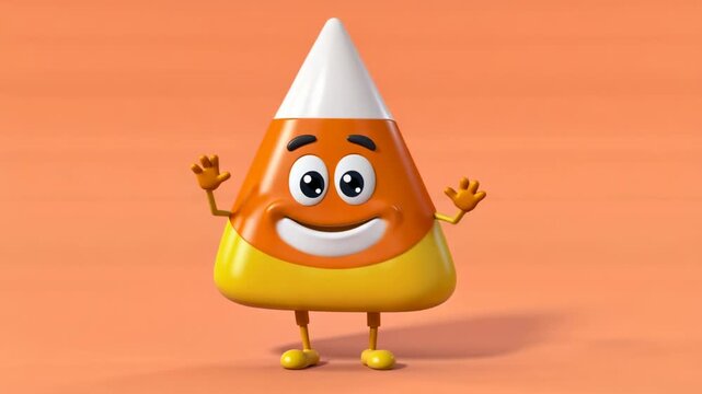 A cheerful 3D rendered cartoon candy corn character with a happy face, arms, and legs, standing on an orange background.