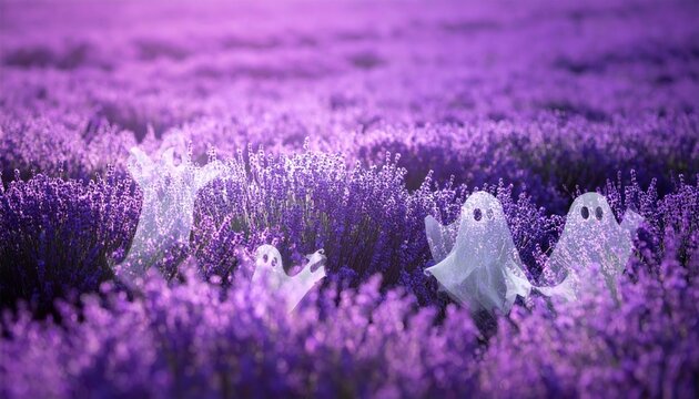Whimsical ghosts frolic in a vibrant lavender field at twilight.