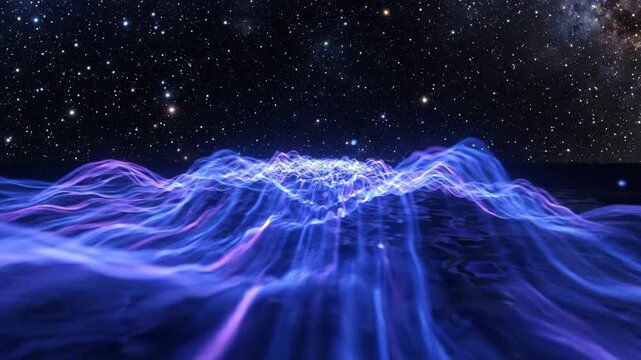 Abstract blue and purple energy waves flowing seamlessly in a dark cosmic stream with rhythmic light echoes and fluid motion