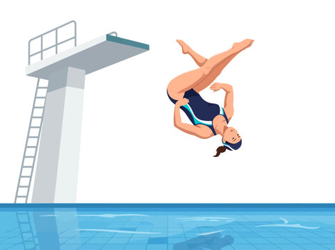 A female diver performing an acrobatic flip in mid-air after jumping from a diving board.