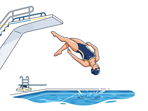 A female diver performing a graceful flip off a high diving board into a swimming pool.