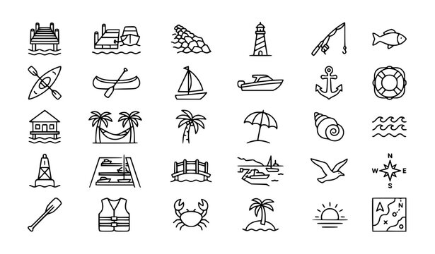 Pier and dock waterfront outline icon set with lighthouse kayak boat and coastal vector