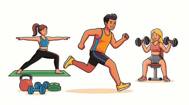 People exercising yoga running and weightlifting with equipment