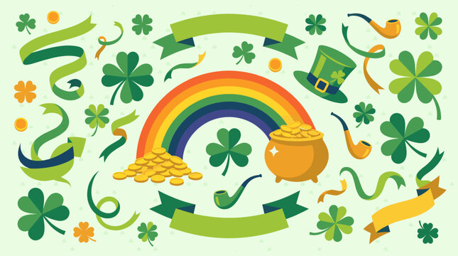 Rainbow pot of gold clover and luck symbols flat design illustration