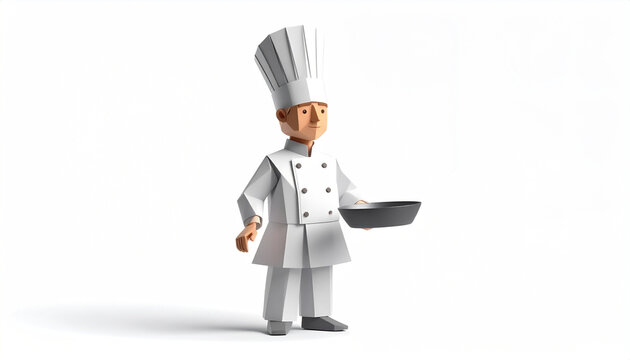 3D Stylized Low Poly Chef Character Holding a Serving Tray in White Professional Uniform
