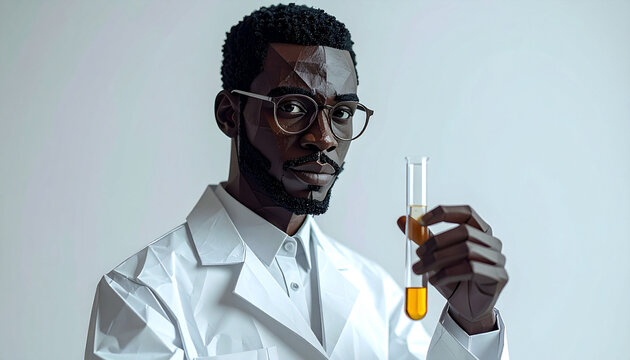 Stylized illustration of a Black scientist holding a test tube, representing scientific research and chemistry concept