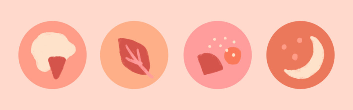 Vector of four abstract icons in circles with pastel colors on a pink background.