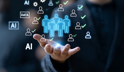 Fototapeta premium Businessman using AI and data analysis to identify target audience. Concept of customer segmentation, partner profiling, predictive analytics, CRM system, and strategic business intelligence.