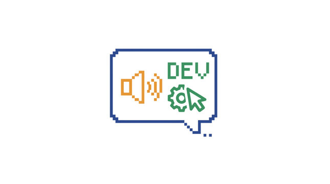Pixel Art Speech Bubble with Sound Icon, Gear, and Cursor for Development and Audio Concepts