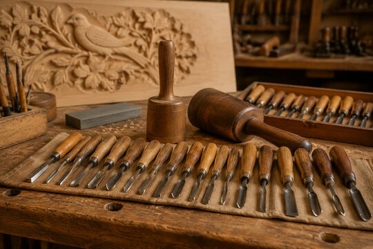 A wooden workbench with an organized array of traditional woodcarving tools.