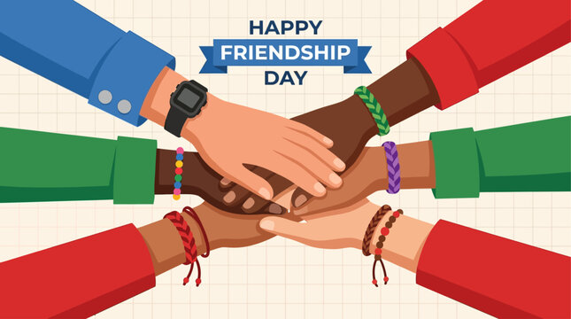 Happy Friendship Day illustration banner. Friends with stack of hands showing unity and teamwork, top view. People putting their hands together. Flat design, vector concept 