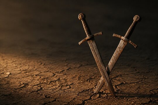 Two rusted longswords crossed and planted in cracked, dry earth.