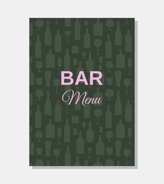 Drinks menu cover design with bottles and glasses pattern background. Cocktail template, alcohol beverages. Vector illustration. Barroom alcoholic drinks menu.