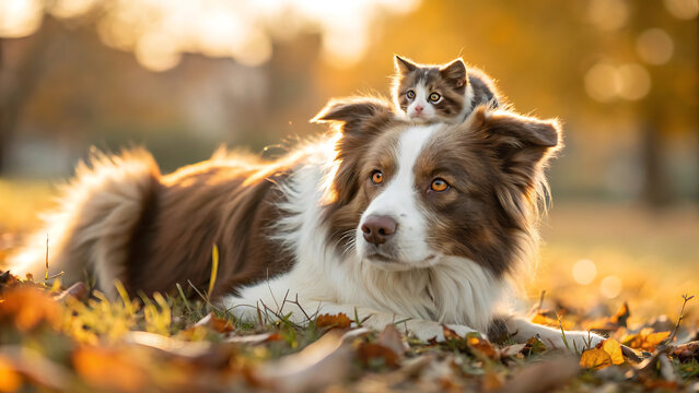 Fluffy dog and cat resting together in autumn leaves. Close-up of loyal pets bonding outdoors in golden sunlight.
