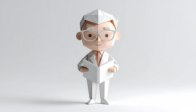 Minimalist 3D Papercraft Illustration of a Businessman Reading a Document in a Professional Office Environment