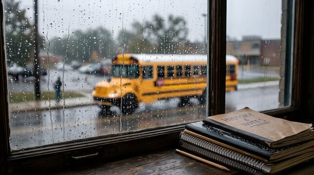 School bus passes by a rain-streaked window overlooking a stack of textbooks left on a wooden indoor sill area.