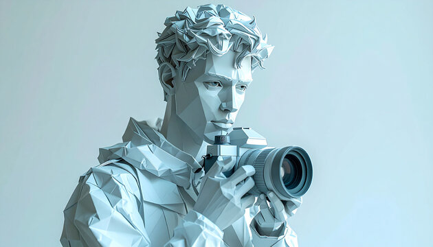 A low-poly artistic representation of a person holding a camera, rendered in cool, monochromatic tones, focusing on the act of photography.
