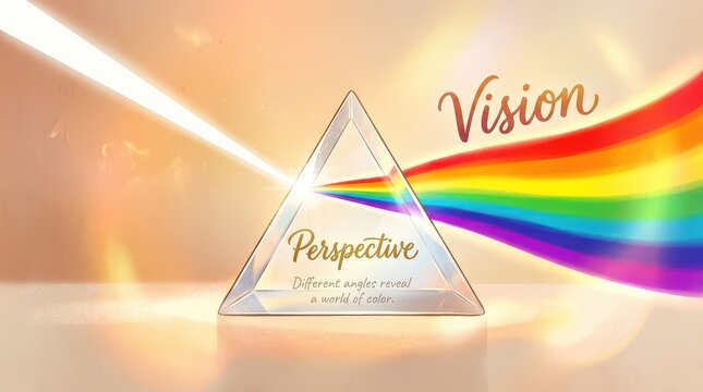Glass prism refracting light into a rainbow spectrum, symbolizing vision and perspective, with text overlays.