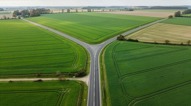 Road intersection splits a large expanse of vibrant green agricultural fields during the spring season.