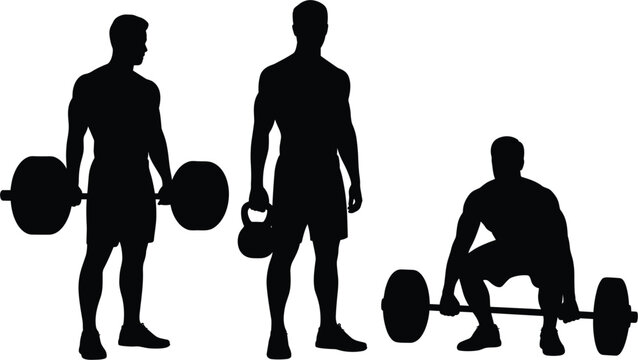 Men lifting barbell and kettlebell weights silhouette collection, gym weightlifting workout vector illustration isolated