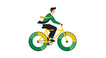 Fototapeta premium Businessman Riding a Bicycle with Pie Chart Wheels Symbolizing Data Growth and Sustainable Business Progress Vector Illustration