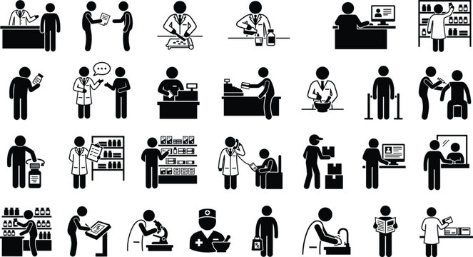 Pharmacy and pharmacist icons set, medical service, healthcare, medicine, drugstore, pills, prescription, vaccination, vector illustration